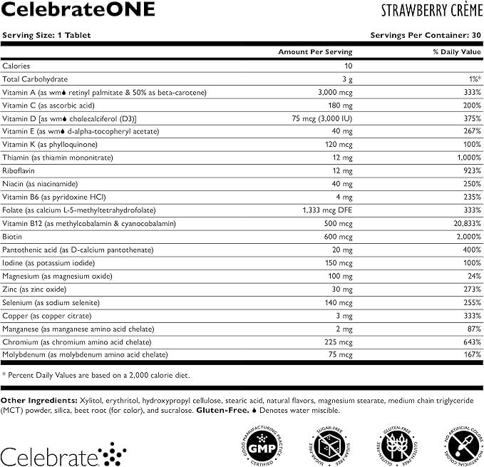 Celebrate Vitamins CelebrateONE Chewables Iron Free - Once Daily Bariatric Multivitamin Essential Vitamins &amp Minerals - Gastric Bypass &amp Sleeve Gastrectomy Supplement - Strawberry Creme (90