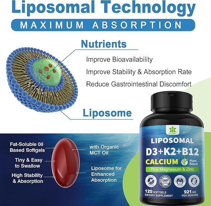 6-in-1 Plant Based Calcium Supplements for Women Men- Calcium 600mg w/ D3 K2 5000 IU Vitamin Liposomal &amp Algae Ca-lcium Magnesium Zinc + Vegan Vitamin D 5000 IU + K2 MK7 + Methyl B12 for Bone 1