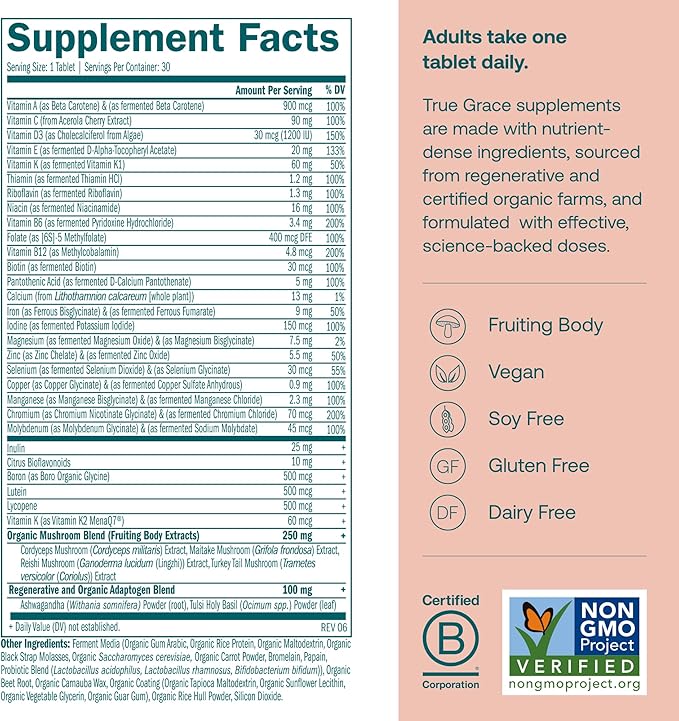 True Grace One Daily Women’s Multivitamin Fermented Minerals Organic Adaptogens &amp Mushrooms Whole Body Balance Immune Energy Beauty Support - Non-GMO Gluten Free Soy Free - 30 Vegan Tablets