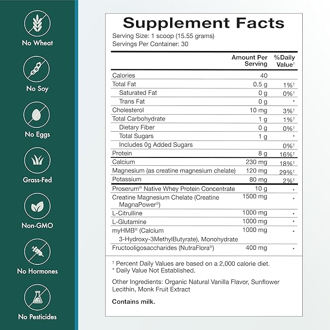 Natura Health Products Amino Whey Pro Advantage™ - Grass-Fed Whey Protein with HMB Creatine L-Glutamine. Clean Ingredients for Muscle Growth Recovery (8 Grams of Protein per Scoop - 30 Servings)