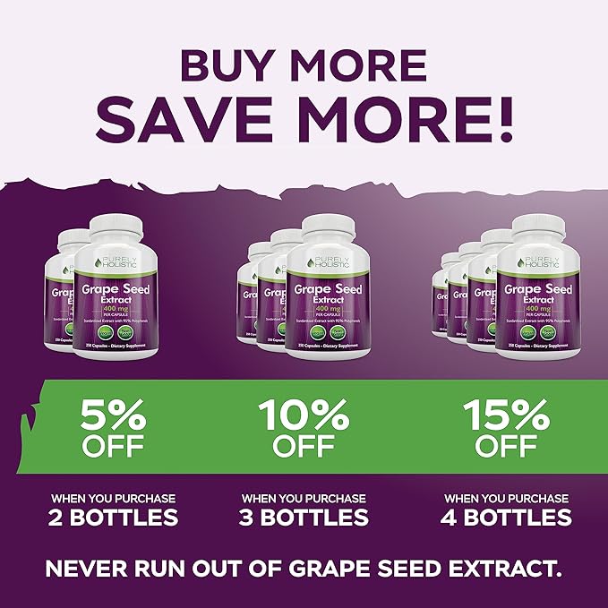 Purely Holistic Grape Seed Extract 20000mg - 250 Vegan Capsules - 8+ Month Supply - Standardized to 95% Polyphenols - 400 mg per Capsule - Maximum Strength Grapeseed - Non-GMO &amp Pesticide Free