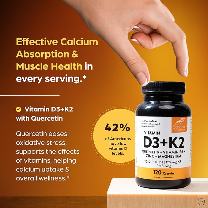 Sandhu's Vitamin D3 K2 10000 IU Bundle with Zinc Quercetin &amp Magnesium Glycinate Capsules (120 Count Each) | for Men &amp Women