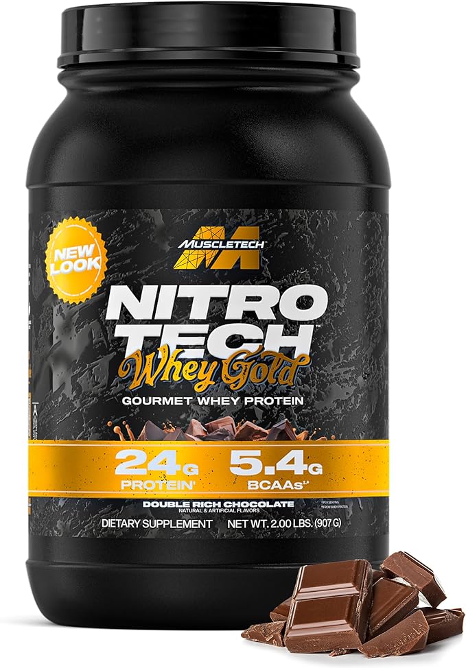 Muscletech Whey Protein Powder (Double Rich Chocolate 2LB) - Nitro-Tech Whey Protein Isolate Smoothie Mix for Lean Muscle &amp Recovery - 24g of Whey Gold for Women &amp Men - Packaging May Vary