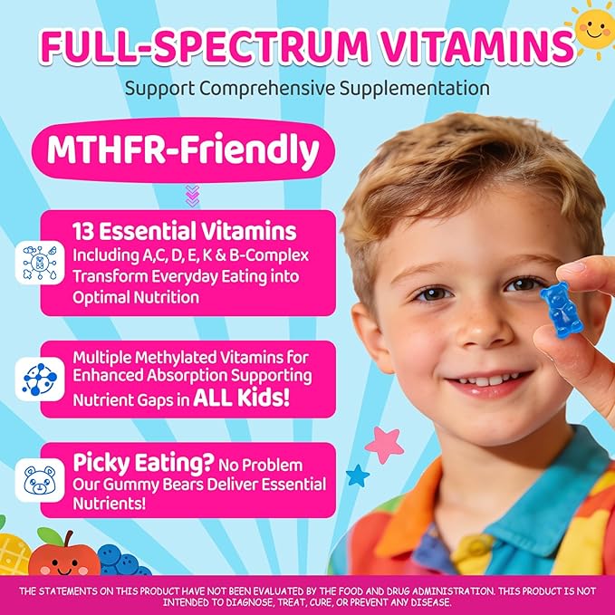 Kids Methylated Multivitamin - Chewable Multivitamin for Kids &amp Teens 4+ With L Methylfolate Vegan Omega-3 Zinc Probiotics &amp Elderberry Immune Support Brain Health MTHFR Supplement 2PC