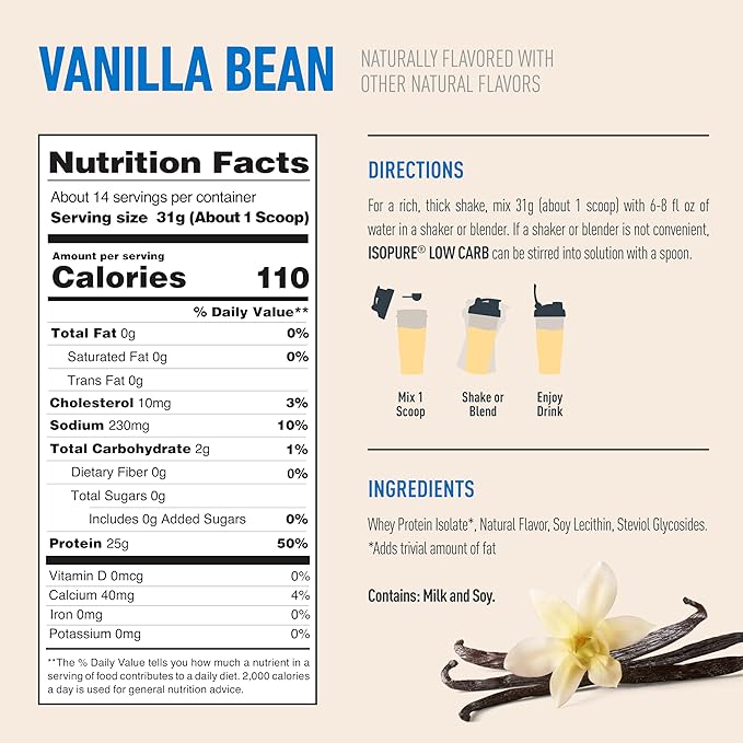 Isopure Low Carb 100% Pure Whey Isolate Protein Powder Lactose Free Gluten Free With Vitamins Vanilla Bean 25g Protein Per Serving 1 Lb 14 Servings (Packaging May Vary)