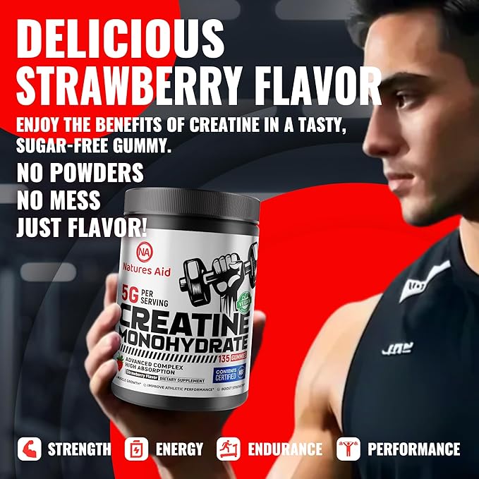 Natures Aid NSF Certified Creatine Gummy 5g - Creatine Monohydrate Gummies – Pre-Workout Energy &amp Muscle Growth Support for Men &amp Women | Strawberry Electrolyte Gummies (135 Count)