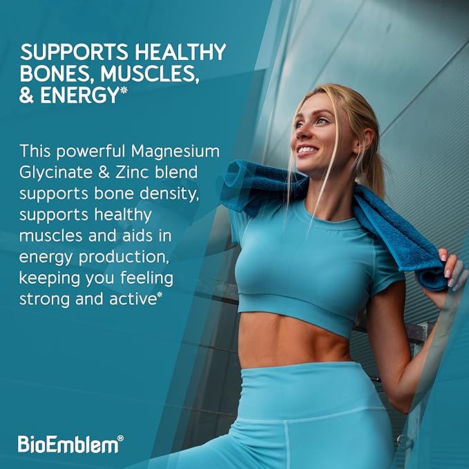 BioEmblem Magnesium Glycinate with Zinc - 300mg Chelated Magnesium Supplement - High Absorption Vegan Non-GMO 2-in-1 Complex - Immune Support Muscles Nerves - 90 Capsules