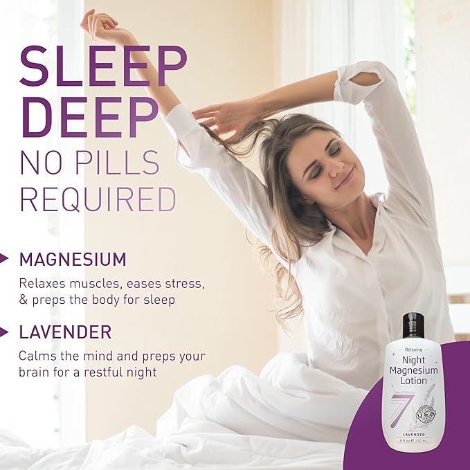 Seven Minerals Magnesium Lotion for Sleep - Lavender Relaxing Night Blend - Highly Concentrated Magnesium for Better Sleep Body &amp Mind Relaxation. Non-Greasy Skin Friendly - 8 fl oz