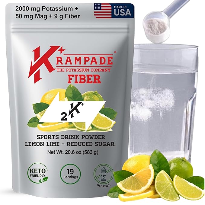 Krampade High Fiber High Potassium Electrolyte Powder Low Sugar Lemon Lime 9g Dietary Fiber 3950mg Electrolytes 2000mg Potassium 50mg Mag Digestive Health Support Cramp Relief 19 Servings