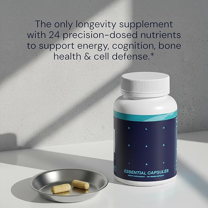 Blueprint Bryan Johnson Essential Capsules - Daily Multivitamin/Multimineral for Women and Men - Antioxidant Supplement with Calcium Vitamin B1 Vitamin D and Zinc - Vegan and Non GMO (30 Servings)