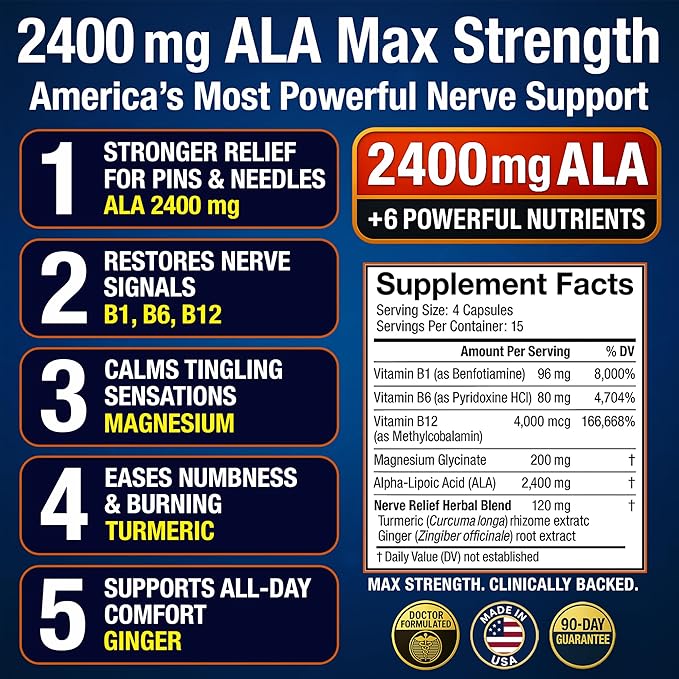 Neuropathy Supplement with 2400 mg Alpha Lipoic Acid – Advanced Support for Feet Hands Toes – 2400mg ALA Vitamins B12 B6 &amp B1 Magnesium Turmeric – 60 Capsules