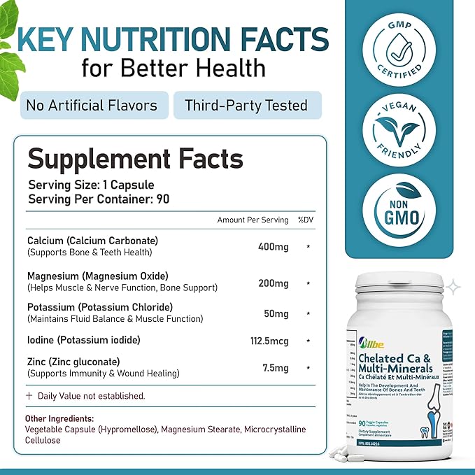 Chelated Ca &amp Multi-Minerals Capsules 400mg Calcium and 200mg Magnesium with 7.5mg Zinc Supplements 2 Packs of 90 Bones and Teeth Support Capsules Serving Size: 2 60 Days Supply