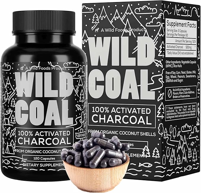Wild Foods Activated Charcoal Capsules | 100% Organic Coconut Shells Active Tablets | Lab Tested &amp Non-GMO Pills | Made in USA (120 Capsules)