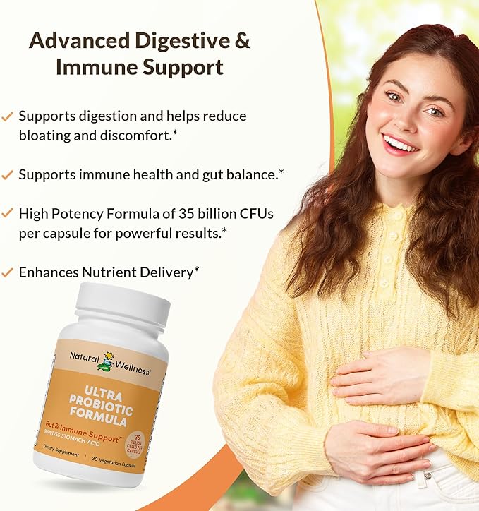 Natural Wellness Ultra Probiotics – 35 Billion CFUs with Prebiotics – Probiotics for Women &amp Men for Digestive Health Gut Balance &amp Immune Support – High Potency Shelf-Stable 30-Day Supply