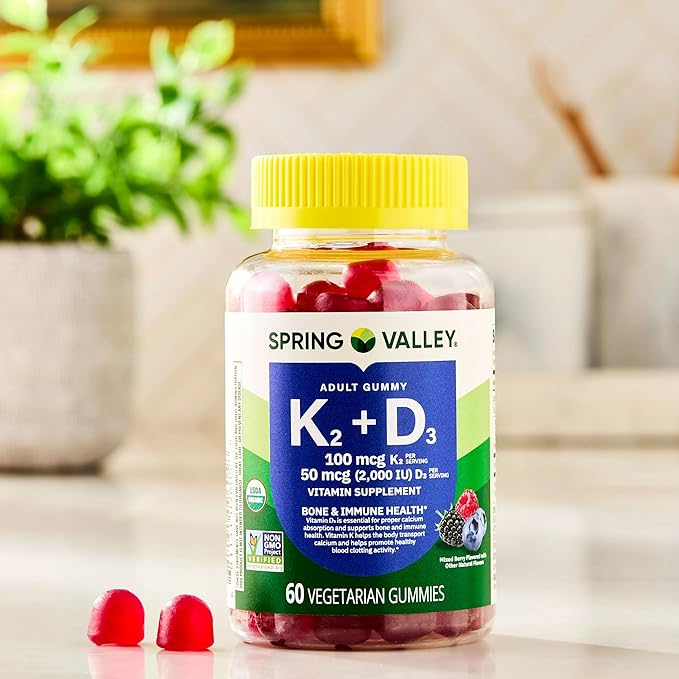SUREFECT Spring Valley Vitamin K2 + D3 Gummies - 100mcg K2 &amp 2000IU D3 per Serving Bone &amp Immune Support Mixed Berry 60 Count Organizer