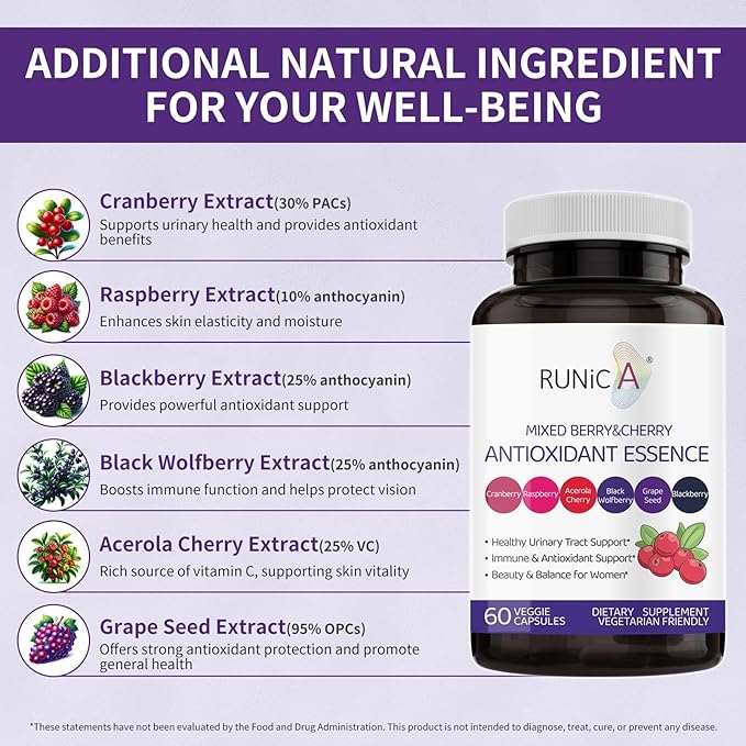 6X 6-in-1 Mixed Berry &amp Cherry Antioxidant Supplement - Urinary Tract Health &amp Immune Support - 180 Vegan Capsules 90-Day Ultimate Supply