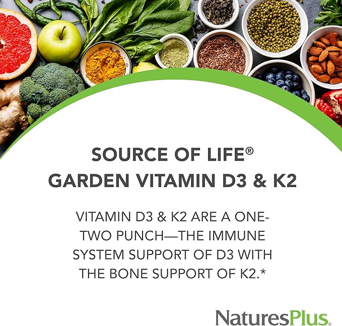 NaturesPlus Source of Life Garden Vitamin D3 &amp K2 - 60 Capsules - Immune System and Bone Support - USDA Certified Organic Vegan Gluten Free - 60 Servings