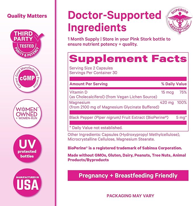 Pink Stork Magnesium Glycinate with Vitamin D - Magnesium Supplement for Women to Support Natural Calm Mood and Sleep - Hormone Balance for Women - 60 Capsules Berry Essence 1 Month Supply