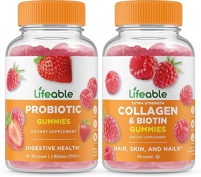 Lifeable Probiotic 2 Billion CFU + Collagen &amp Biotin Gummies Bundle - Great Tasting Vitamin Supplement Gluten Free GMO Free Chewable Gummy