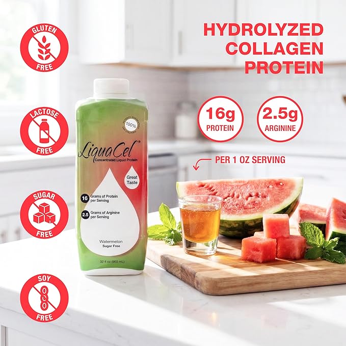 LiquaCel Concentrated Liquid Protein Watermelon Flavor Ready-to-Drink 16g Hydrolyzed Collagen Protein and 2.5g Arginine Per 1oz Serving Sugar &amp Gluten Free 32 fl oz Bottle