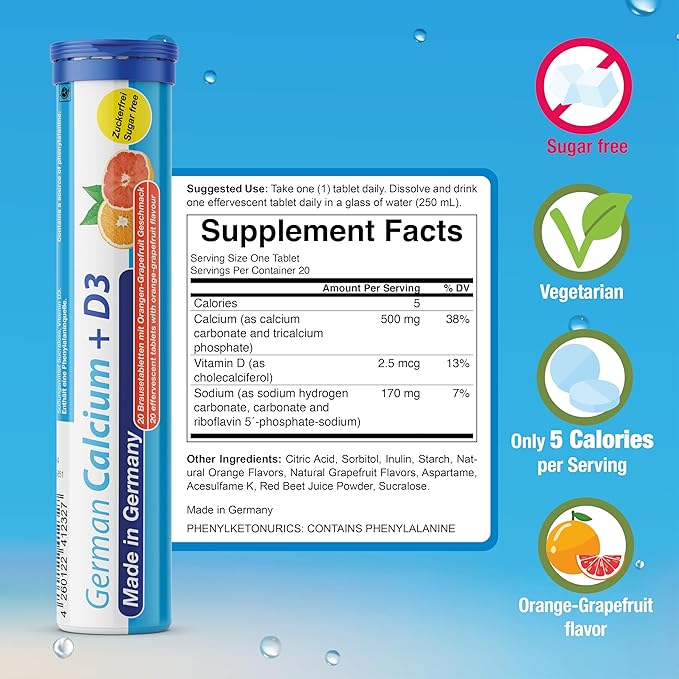 German Calcium + Vitamin D Drink Effervescent Tablets 140 Servings Orange-Grapefruit Flavour - 500 mg Calcium 25 μg Vitamin D3 - T&ampD Pharma – Made in Germany