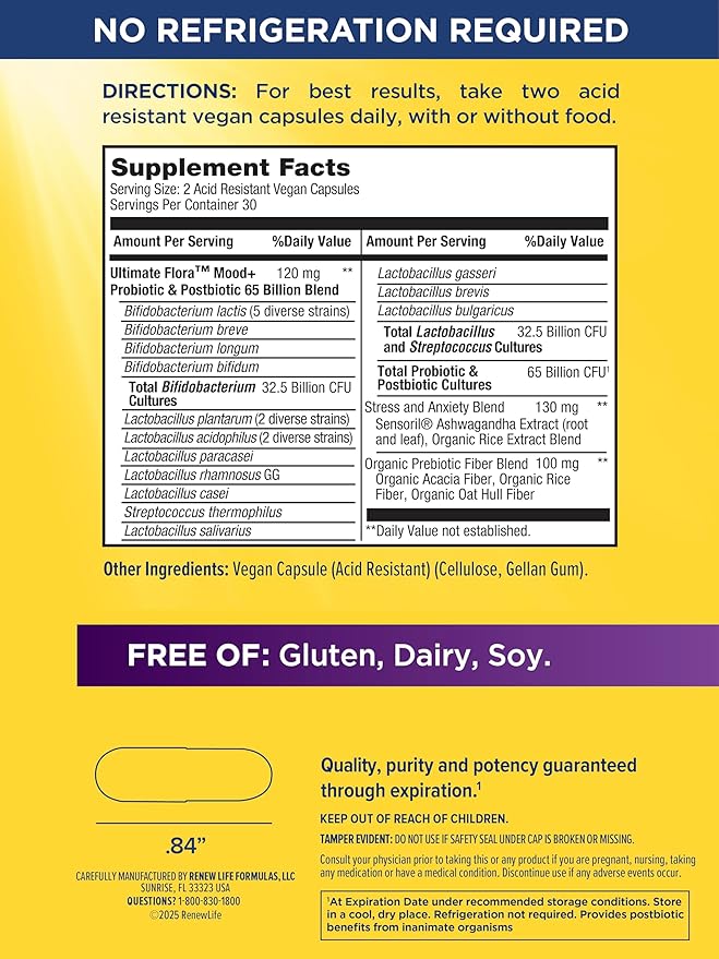 Renew Life Ultimate Flora Probiotics Daily Mood Support 65 Billion CFU Delayed Release Vegan Capsules with Ashwagandha | Digestive Health | Immune Health | Dairy Free | 60 Count