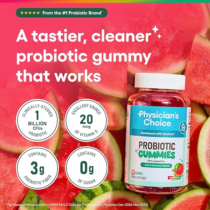 Physician's CHOICE Probiotic Gummies with Vitamin D &amp Prebiotic Fiber - Sugar Free - 1B CFUs of Clinically Studied Probiotic - Supports Immune &amp Gut Health for Women &amp Men - Watermelon Fla
