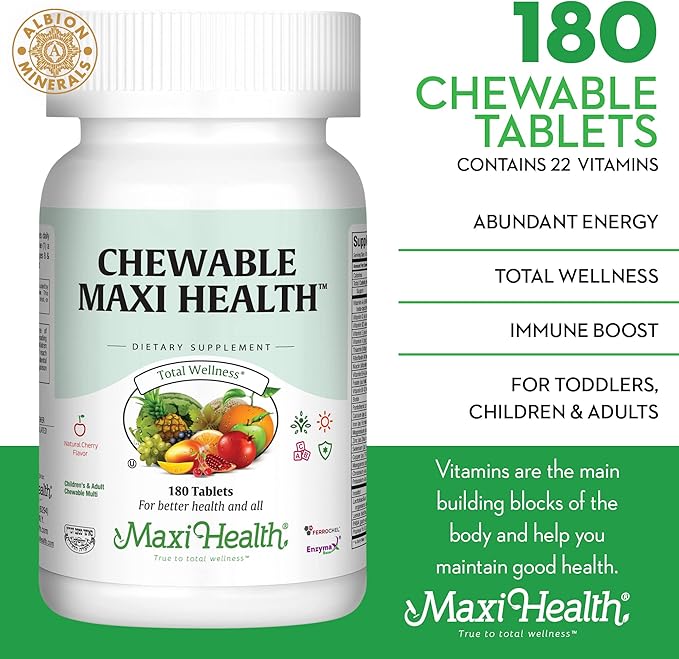 Maxi Health Chewable Multivitamin for Kids Teens and Adults - Cherry Chewable Vitamins for Adults &amp Children - Kosher Kids Multivitamin + Iron (180 Tablets)