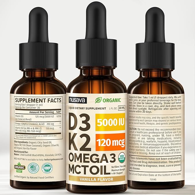 NUSAVA (4 Pack) Organic Vitamin D3 K2 Drops with MCT Oil Omega 3 5000 IU Maximum Strength Vitamin D Liquid - No Fillers Non-GMO Liquid D3 for Faster Absorption &amp Immune Support (Vanilla 4 Fl O
