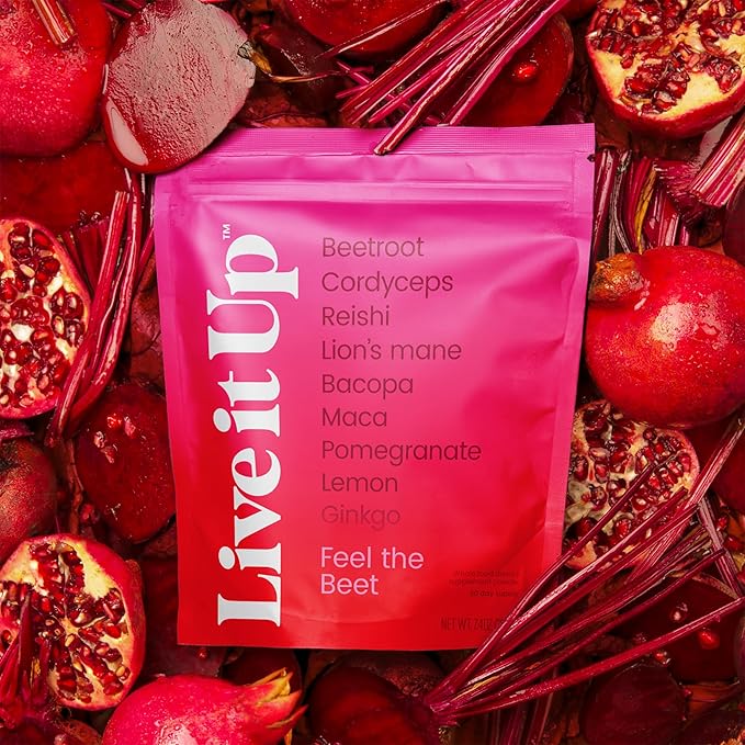 LIVE IT UP | Feel the Beet: Beetroot Powder with Superfood Vitality Blend | Supports Energy Endurance and Clarity | Contains Ginkgo Beetroot Plant-Based Nitrates Antioxidants and Adaptogens