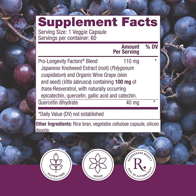 Reserveage Beauty Resveratrol 100 mg Antioxidant Supplement for Heart and Cellular Health Supports Healthy Aging and Immune System Paleo Keto 60 Capsules (60 Servings)