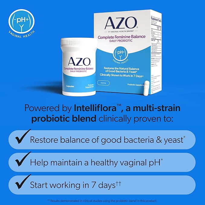 AZO Complete Feminine Balance Daily Vaginal Probiotics for Women Clinically Proven to Help Protect Vaginal Health Helps balance pH and yeast 30 Count