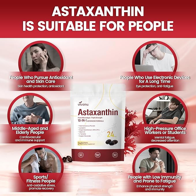 VivoNu Astaxanthin 24mg – Powerful Antioxidant Support for Skin Eyes &amp Immune System – 10-in-1 Formula with Lycopene Grape Seed Vitamin E &amp Zinc – Triple Strength 960 Softgels 4 Bag