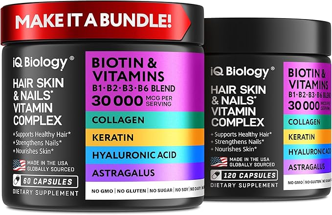 Biotin Bundle for Hair Growth with Collagen &amp Keratin for Hair Loss &amp Thinning Hair - Hair Skin and Nails Vitamins for Women &amp Men - Healthy Regrowth Skin Glow &amp Nail Repair - 180 Cap
