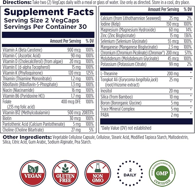 KAL Men’s 18 Plus Multivitamin - 30 Essential Vitamins and Minerals - Vitamin D Vitamin C Zinc and More - Male Reproductive and Cellular Energy Support - Vegan Non-GMO - 30 Servings 60 VegCaps