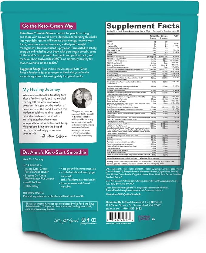 VIDAPURA Keto-Green Protein Shake by Dr. Anna Cabeca – Chocolate Vegan Protein for Daily Wellness Energy &amp Smooth Digestion – 40 Servings