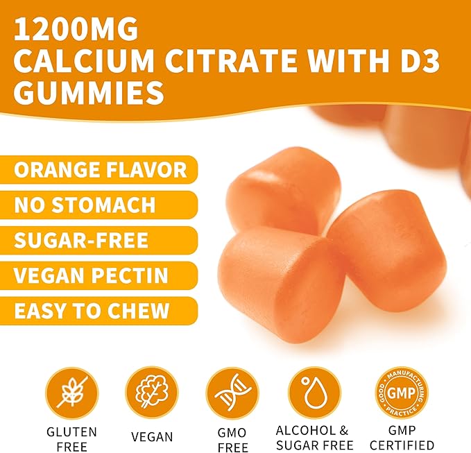 (2 Pack) Calcium Citrate 1200 mg Gummies with Vitamin D3 High Absorption Calcium Supplements for Women &amp Men Sugar Free Non-GMO Gluten Free Supports Muscle &amp Immune - Orange Flavor