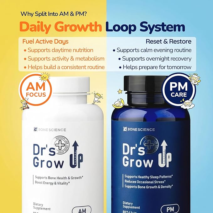 BONE SCIENCE Dr’s Grow UP AM &amp PM Bone and Growth for Kids and Teens Day and Night System Daily Formula with Highly Absorbable Essential Minerals Vitamin D3 and K2 (MK-7)