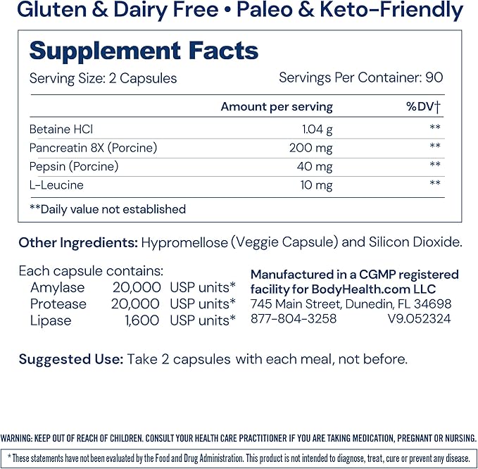 BodyHealth Digestive Enzymes Full Spectrum Digestive Support (180 caps) Betaine Pepsin Pancreatin BPP Loaded with Enzymes and Probiotics Relief for Stomach Bloating Heartburn Gas Constipation