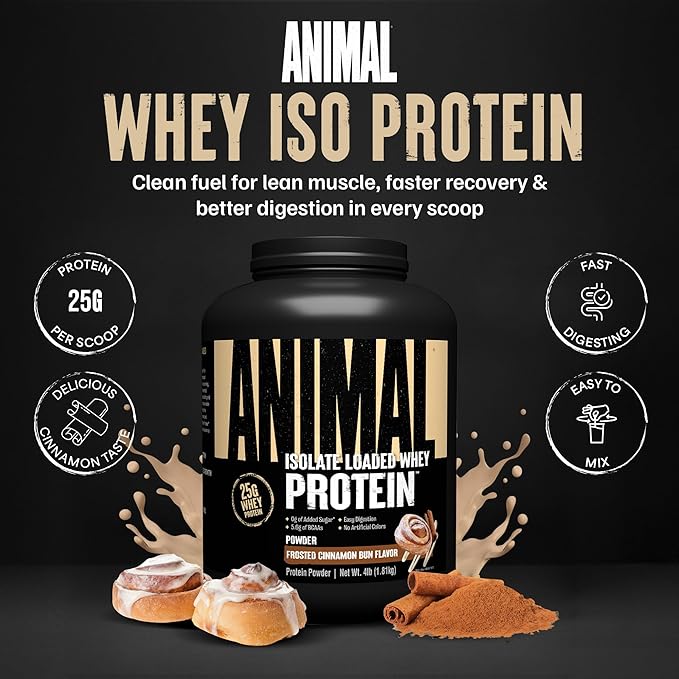 Animal Whey Isolate Protein Powder - Loaded for Pre &amp Post Workout Muscle Builder and Recovery with Digestive Enzymes for Men &amp Women - 25g Protein Great Taste Low Sugar - Frosted Cinnamon B
