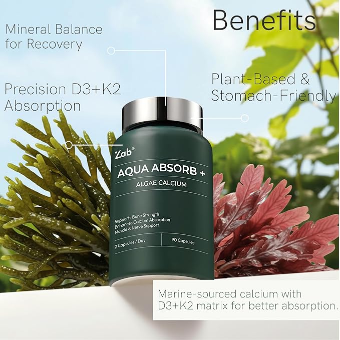 ZAB Algae Calcium Supplement with Vitamin D3 &amp K2 MK7 Magnesium Calcium Complex for Daily Bone Health Support &amp Strength 90 Capsules 45-Day Supply