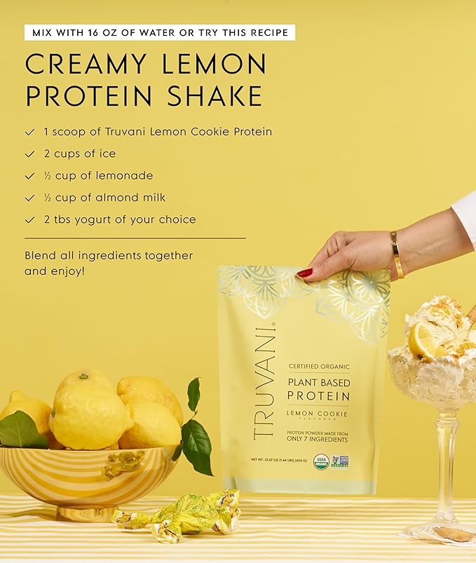 Truvani Vegan Pea Protein Powder | Lemon Cookie | 20g Organic Plant Based Protein | Single Serving Travel Packets | 10 Servings | Keto | Gluten &amp Dairy Free | Low Carb | No Added Sugar