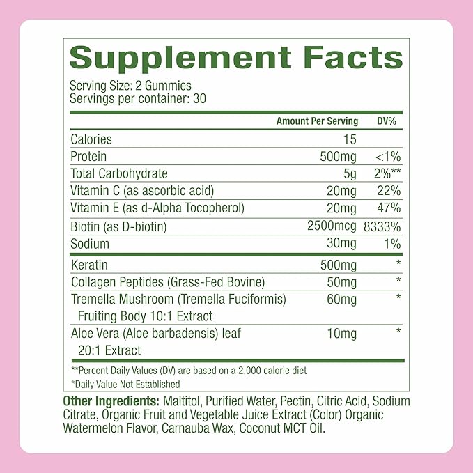 Plant People WonderBeauty Hair Skin &amp Nails Rejuvenation Gummies with Tremella Mushroom Collagen Peptides Keratin &amp Biotin – Watermelon Flavor 60 Gummies