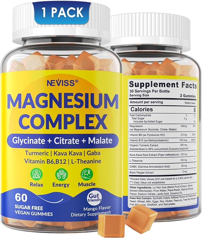 Magnesium Complex Gummies 400mg Magneisum Glycinate Citrate Malate + Turmeric GABA B6 B12 Kava Kava L-Theanine for Sleep Calm Relaxation Energy Magnesium Gummies for Women Men Vegan 60 Cts