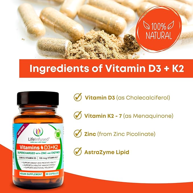 Life Infused Vitamin D3 + K2 Supplement with Zinc &amp Enzymes — 3000 IU D3 MK-7 K2 Immune &amp Bone Support Enhanced Absorption Non-GMO Vegan Capsules 90 Count