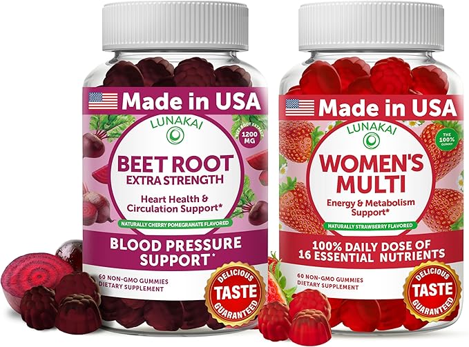 Lunakai Beet Root and Womens Multivitamin Gummies Bundle 100% Daily Value of 16 Essential Vitamins and Minerals (Vitamins ABCDE)