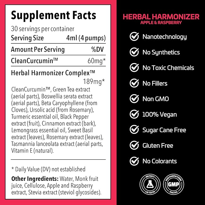 Herbal Harmonizer with CleanCurcumin(TM) - Multi Botanical Antioxidants Supplement - Water Soluble - Nano Curcumin - Holistic Wellness Defender - Healthy Drink Mix (4 fl.oz Apple and Raspberry)