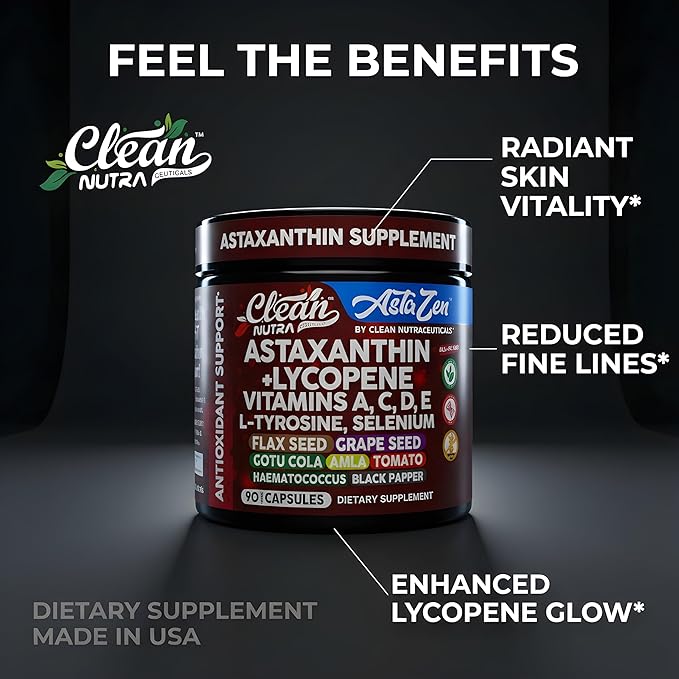 Clean Nutra Astaxanthin 12mg Lycopene Supplement with Vitamin A C D3 E L-Tyrosine Selenium Flax Grape Seed Gotu Kola Amla Black Pepper 90 Complex Veggie Capsules