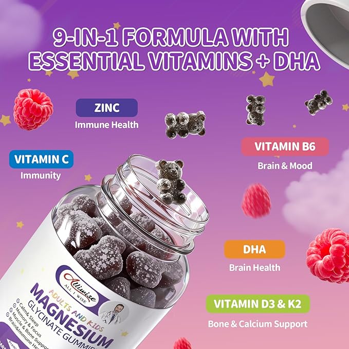 2pack Kids Sleep Gummies – Magnesium Glycinate Gummies with DHA L-Theanine Chamomile &amp Lemon Balm Melatonin Free Calm &amp Sleep Support Raspberry Flavor