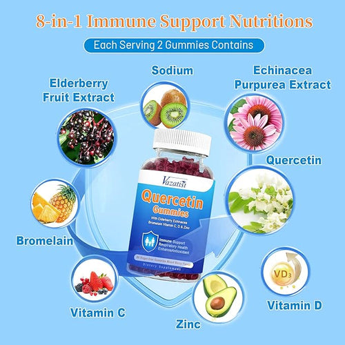 2 Pack Quercetin with Bromelain Gummies Quercetin 1200MG with Vitamin C Zinc &amp Elderberry for Immune System &amp Allergy Chewable &amp Vegan Gummies Mixed Berry Flavor 120 Cts